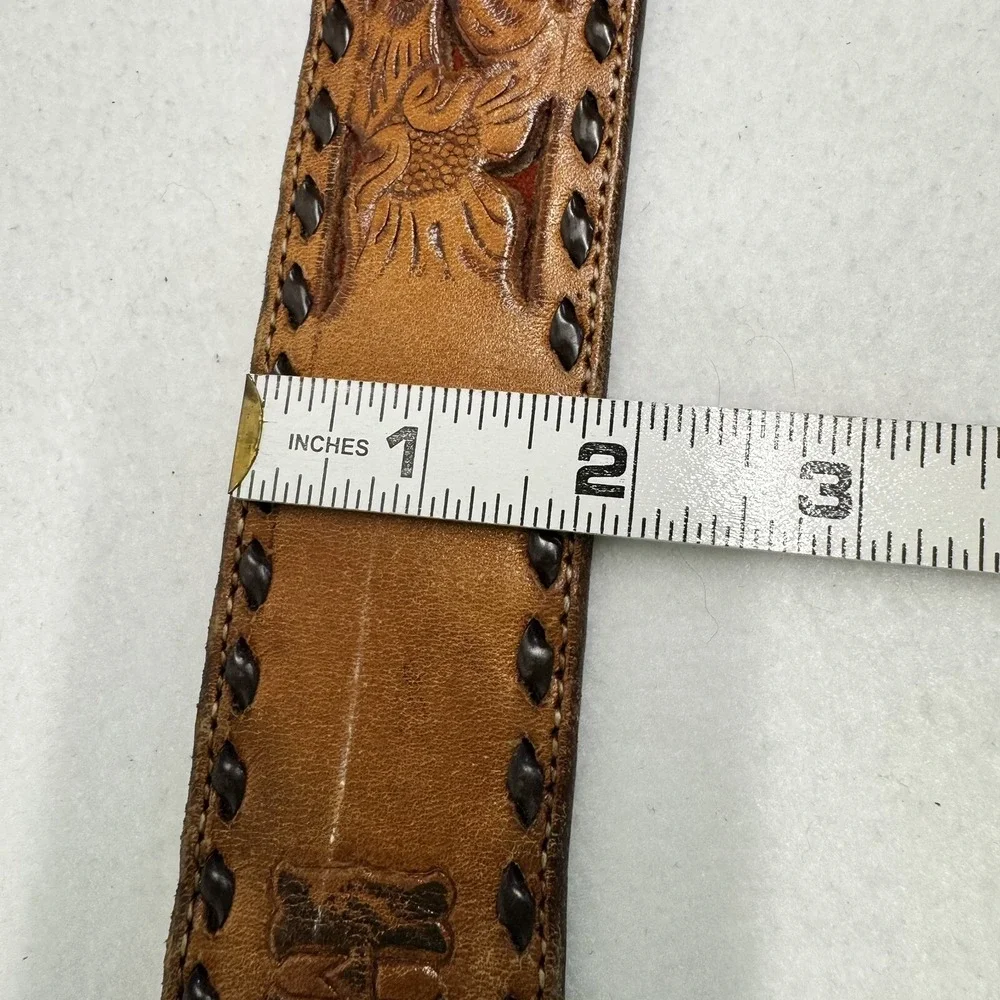 Unbranded Tooled Leather Belt Mens 42 Tan HMS Monogram Western Floral Whipstitch